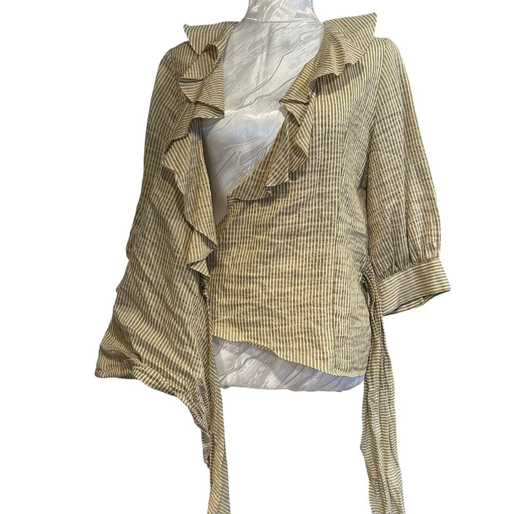 Vintage 90s Metallic Gold Stripe Wrap Blouse Ruffle Collar Bishop Sleeve Size 4 - Picture 9 of 14